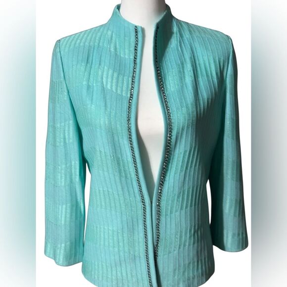 Ming Wang Turquoise Aqua Chain Textured Knit Clasp Open Cardigan Sweater Jacket - Picture 3 of 9